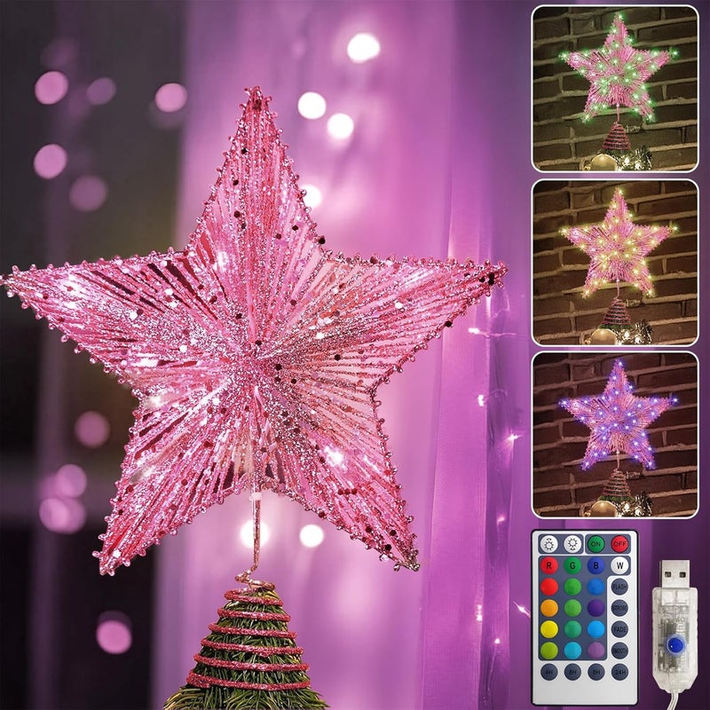 WVSAFV Christmas Tree Topper Star Pink, Christmas Tree Toppers with 40 Colour & Warm LED Lights, Tradition Tree Topper Star for Home Holiday Xmas Tree Christmas Decor - Image 1